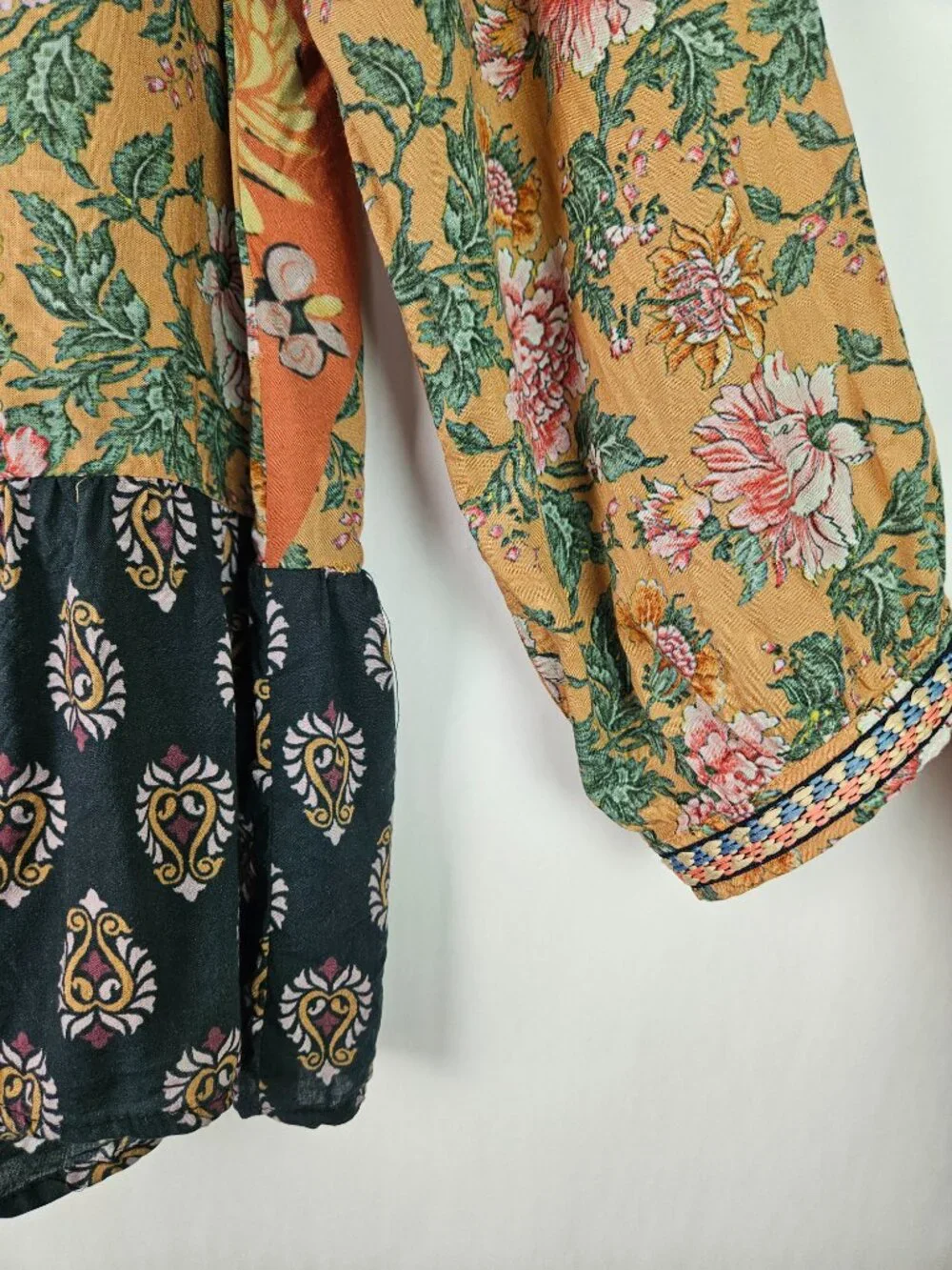 Anthro Feathers by Tolani Alex Mixed Print Floral Panel Embroidered Peasant Top